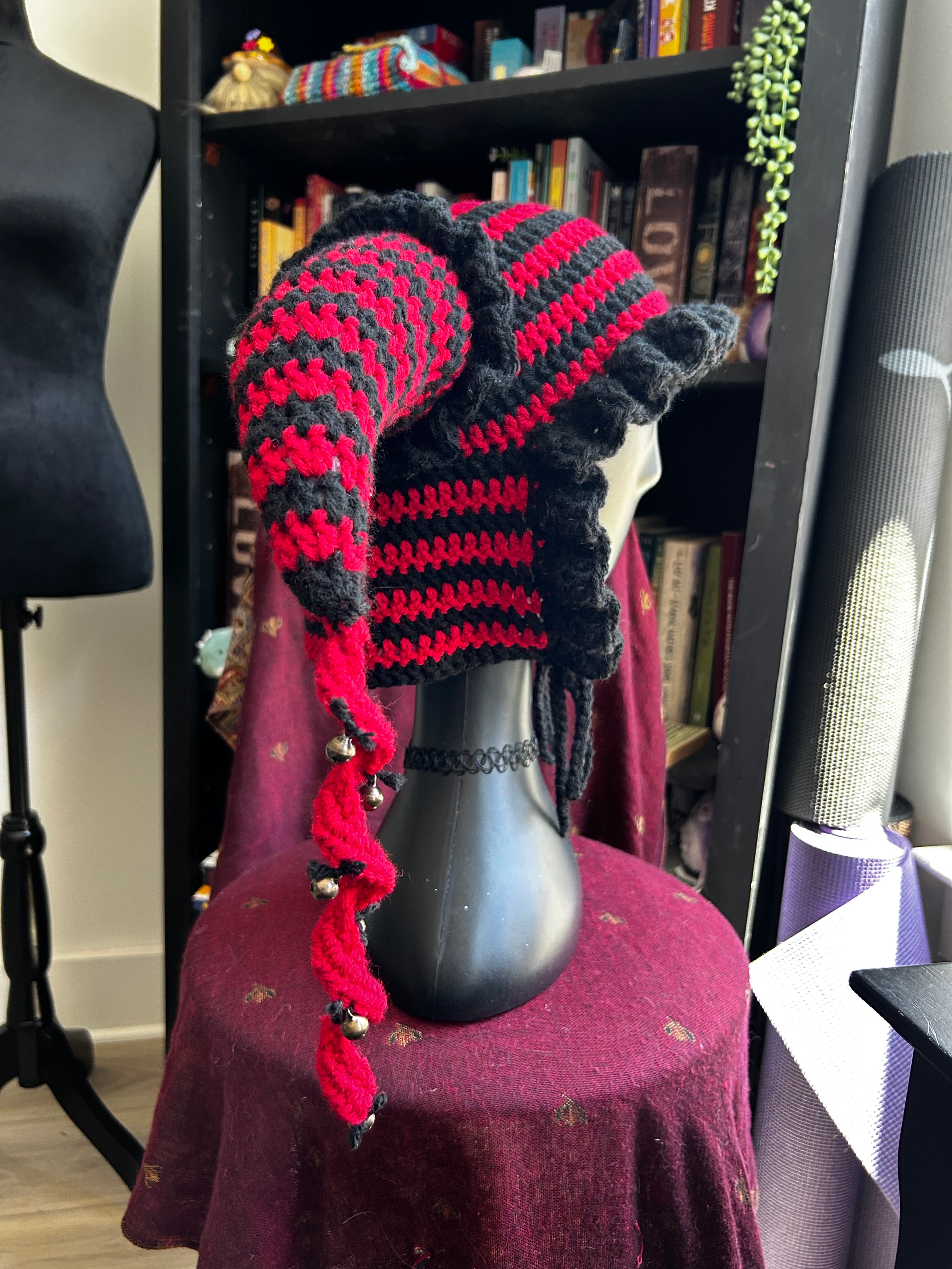 Trippy Trouble Maker Jester Hat | Crochet Jester Hat with Spirals & Bells